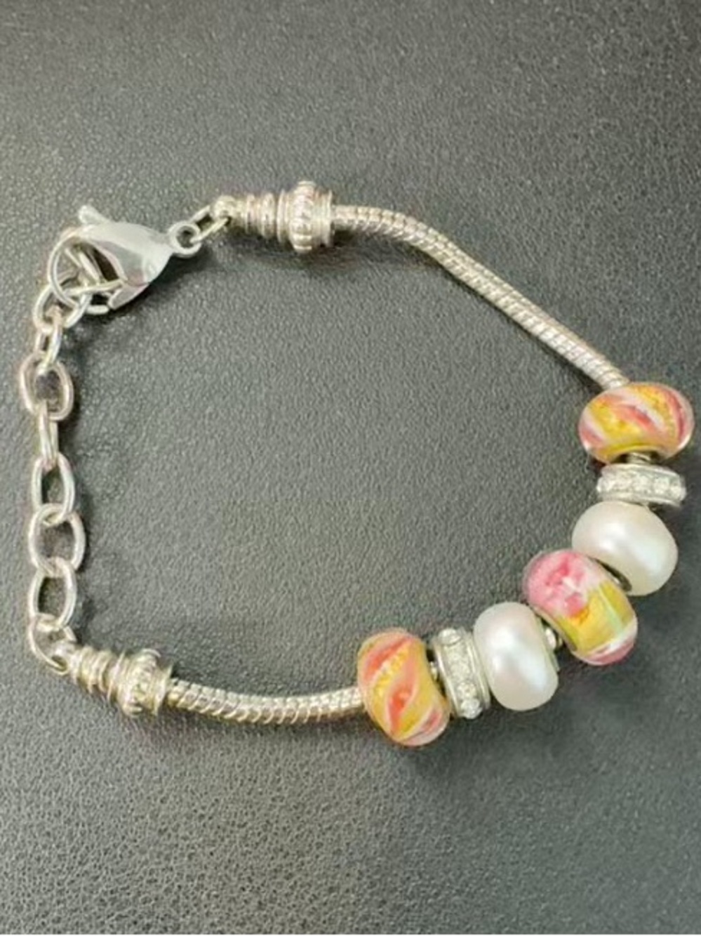 European Style Charm Bracelet Murano Glass Art Beads Faux Pearl Silver Tone